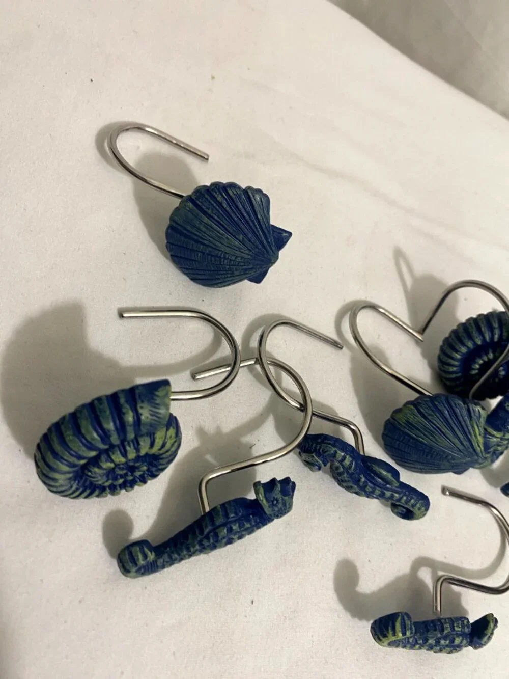 Set of 12 Coastal Shower Curtain Hooks Blue Seashell Seahorse Nautical Bathroom